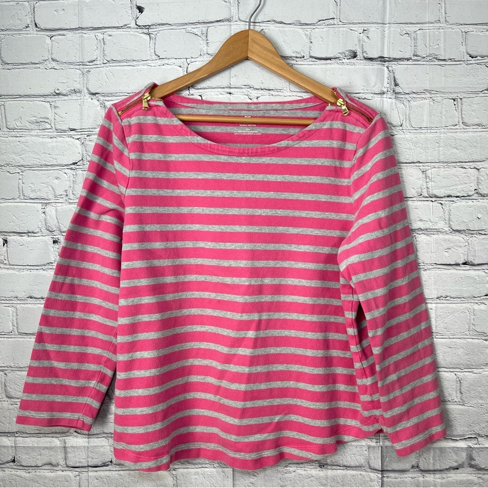 Talbots Petites Shoulder Zip Cotton Thick Shirt Size 2XP Pink Gray Long Sleeve
